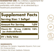 Load image into Gallery viewer, Solgar Vitamin D3 (Cholecalciferol) 25 mcg (1,000 IU) Softgels
