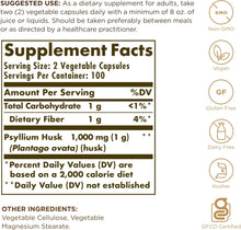 Load image into Gallery viewer, Solgar Psyllium Husks Fiber 500 mg 200 Vegetable Capsules
