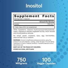 Load image into Gallery viewer, Jarrow Formulas Vegan Inositol 750 mg 100 Veggie Capsules
