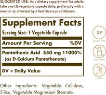 Load image into Gallery viewer, Solgar Pantothenic Acid 550 mg 100 Vegetable Capsules
