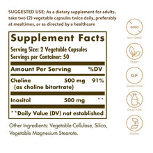 Load image into Gallery viewer, Solgar Choline/Inositol 500 mg/500 mg 100 Vegetable Capsules
